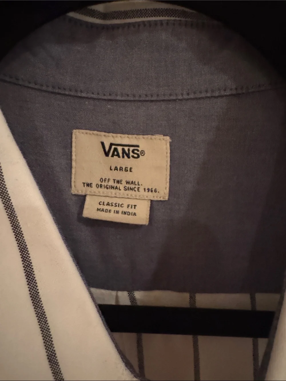 Vans White Short-Sleeve Button-Down Shirt with Navy Vertical Stripes